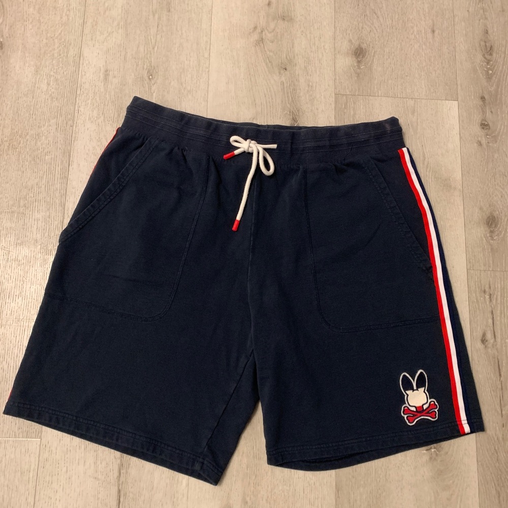 Psycho Bunny Men's Ovington Sweat Shorts Navy Blue Red White Stripes Size XLT